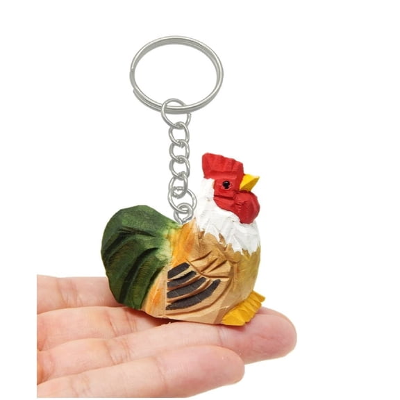 Rooster Chicken Keychain Ring Clip Charm Farm Bird Miniature Wood Mini Figurine Small Animal