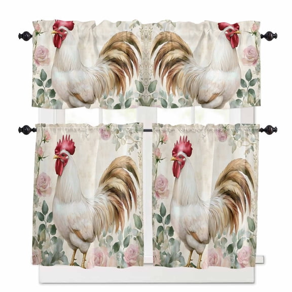 Rooster Chicken Kitchen Curtains Valances and Tiers Set of 3, 24 Inch Length Tier Curtains and Valance Rod Pocket Valance Curtains Set for Kitchen Bathroom Small Windows