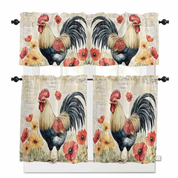 Rooster Chicken Kitchen Curtains Valances and Tiers Set of 3, 24 Inch Length Tier Curtains and Valance Rod Pocket Valance Curtains Set for Kitchen Bathroom Small Windows