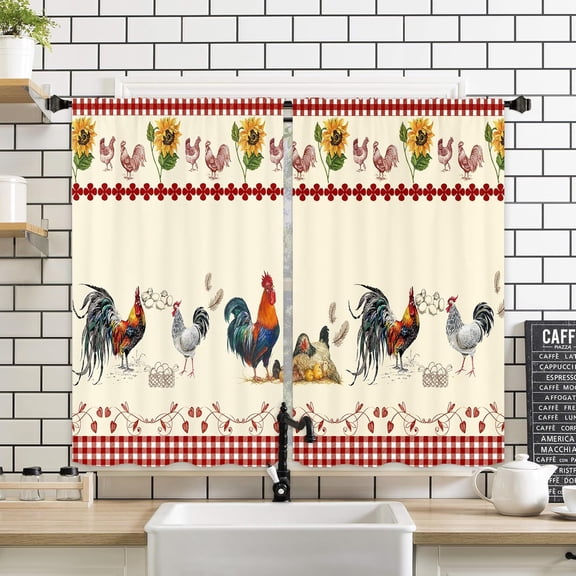 Rooster Chicken Kitchen Window Curtains 2 Panels 27.5W x 39H Rod Pocket Farmhouse Rustic Farm Country Plaid Buffalo Rural Small Short Door Decor Bathroom Drapery Treatment