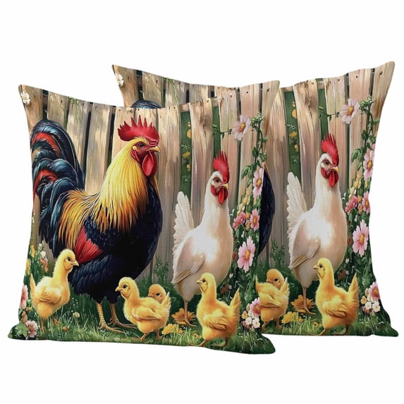 Rooster Chicken Pink Flowers Pillow Covers 2 Pack Watercolor Art Vintage Farm Pillowcase Waterproof Outdoor Throw Pillow Cover for Patio Garden Square Cushion 16”x16”