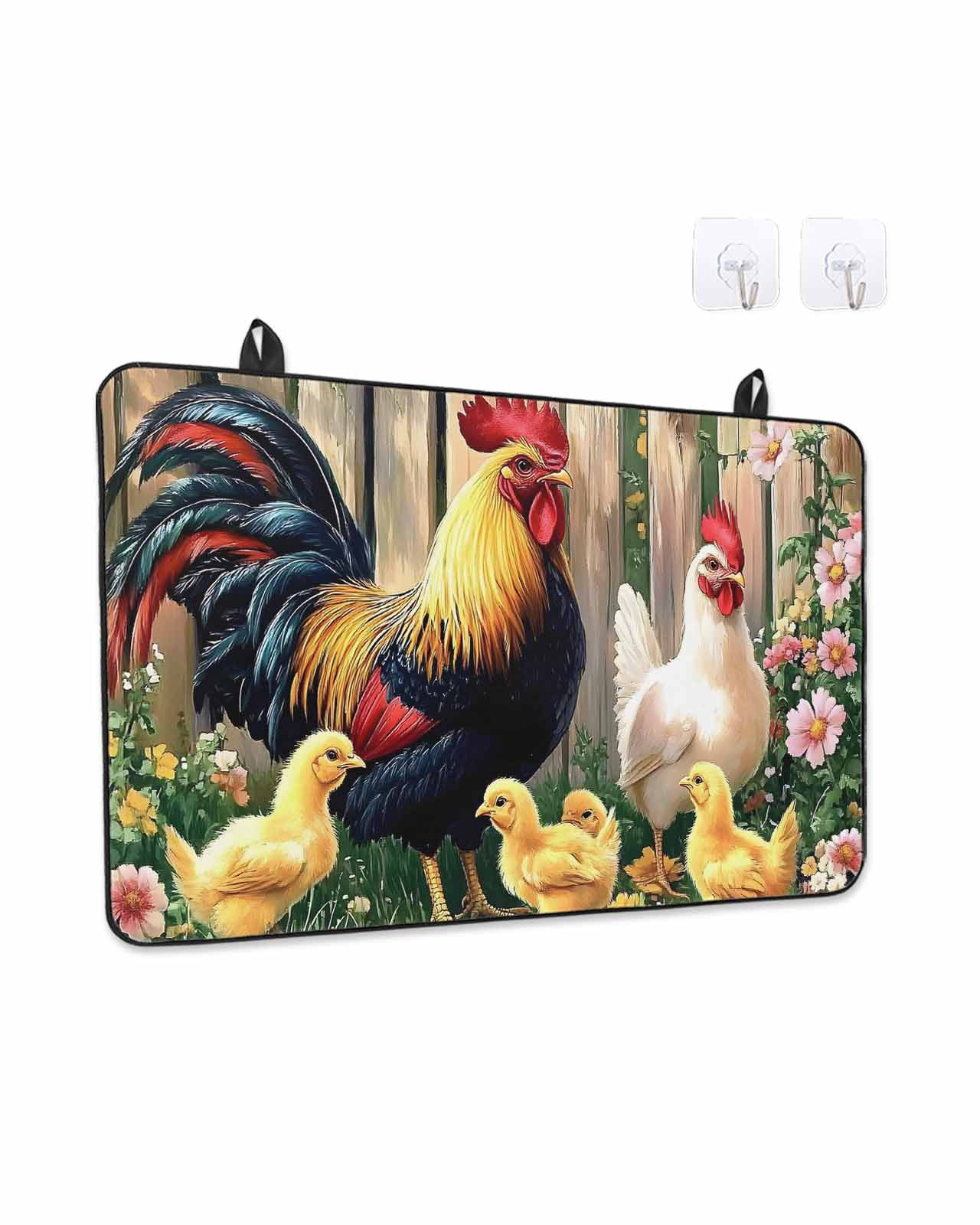 Rooster Chicken Pink Flowers Stove Top Covers for Electric Stove, 28'x20'' Watercolor Art Vintage Farm Glass Ceramic Stove Cover Foldable Rubber Mat Heat Resistant Cooktop Protector for Kitchen