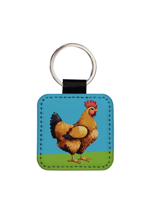 Rooster Chicken Profile Faux Leather Square Keychain