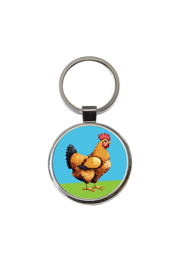 Rooster Chicken Profile Metal Round Keychain
