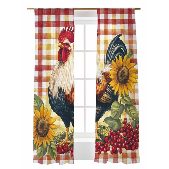 Rooster Chicken Sheer Curtains 2 Panels Set Sunflower Watercolor Art Vintage Farm Lihgt Filtering Rod Pocket Voile Drape, Semi Sheer Window Curtains for Bedroom Living Room, 52"x84"