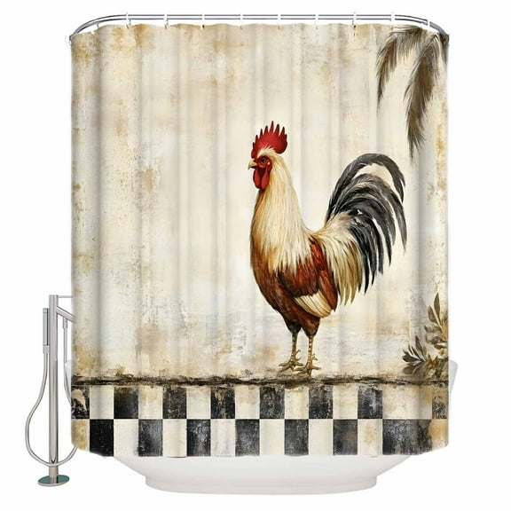 Rooster Chicken Shower Curtain, 36" x 72", Black Plaid Watercolor Vintage Texture Farm Waterproof Bathroom Curtain Washable Shower Curtain Set with 12 Hooks