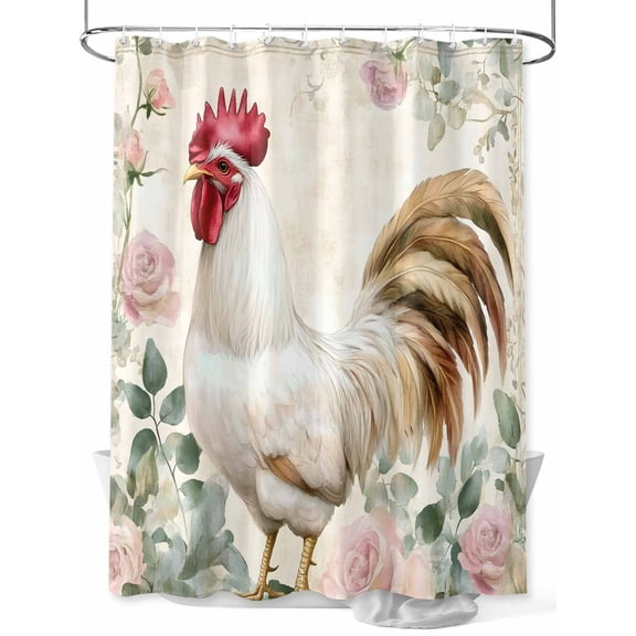 Rooster Chicken Shower Curtain, Pink Rose Flowers Watercolor Vintage Farm Waterproof Shower Curtain Set with 12 Hooks Lightweight Washable Fabric Shower Curtains for Bathroom 60x72 Inches