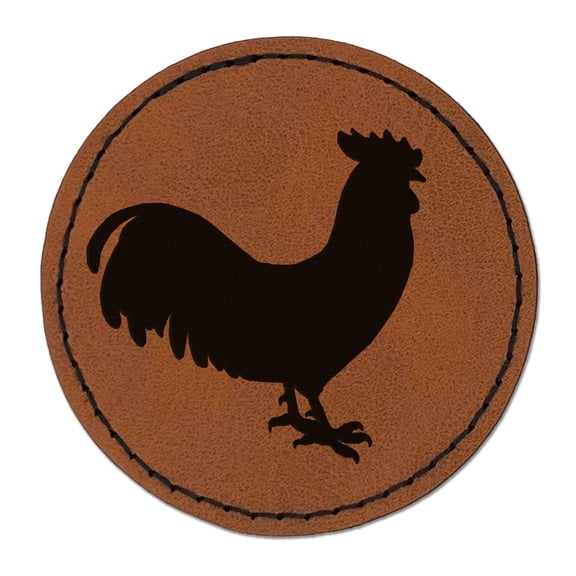 Rooster Chicken Standing Solid 2.5" Faux Leather Round Engraved Iron-On Patch - Brown