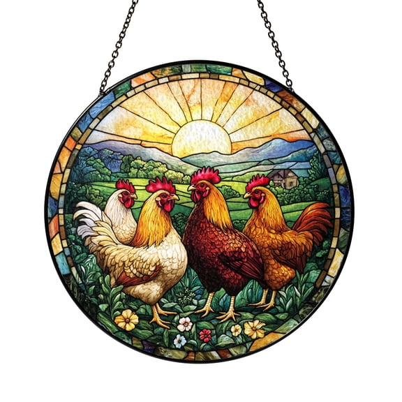 Rooster Chicken Suncatcher Window Decor, Farmhouse Stained Glass Style Art Panel, Rustic Barnyard Animal Hanging Ornament for Kitchen Home