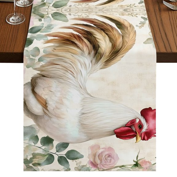 Rooster Chicken Table Runner 36 Inches Long, Pink Rose Flowers Watercolor Vintage Farm Cotton Linen Dining Table Runner Dresser Scarves for Home Kitchen Party Decor 13"x36"