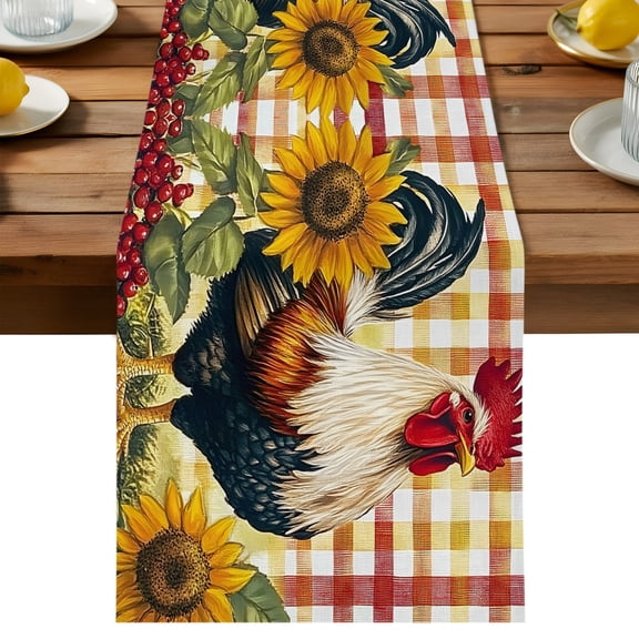 Rooster Chicken Table Runner, Sunflower Watercolor Art Vintage Farm Cotton Linen Kitchen Dining Table Runner Home Decor for Party Festival Holiday Decoration Gift 13x36in