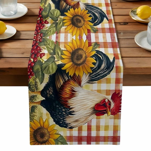Rooster Chicken Table Runner, Sunflower Watercolor Art Vintage Farm Kitchen Table Runners Dress Scarves for Table Decorations Party/Restaurant/Indoor Outdoor Use, 13x72in