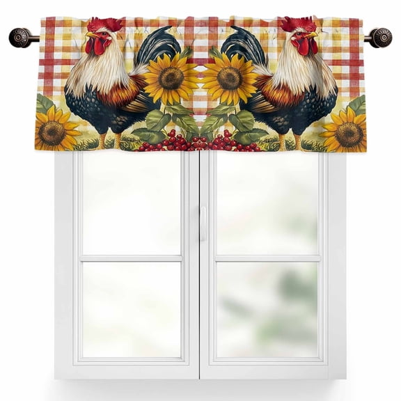 Rooster Chicken Valances for Windows, 42 x 12in, Sunflower Watercolor Art Vintage Farm Rod Pocket Kitchen Valance Curtain Light Filtering Window Treatments for Living Room Bedroom, 1 Panel