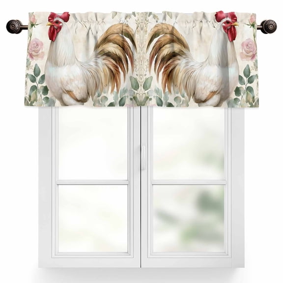Rooster Chicken Valances for Windows, 42 x 18in, Pink Rose Flowers Watercolor Vintage Farm Rod Pocket Kitchen Valance Curtain Light Filtering Window Treatments for Living Room Bedroom, 1 Panel