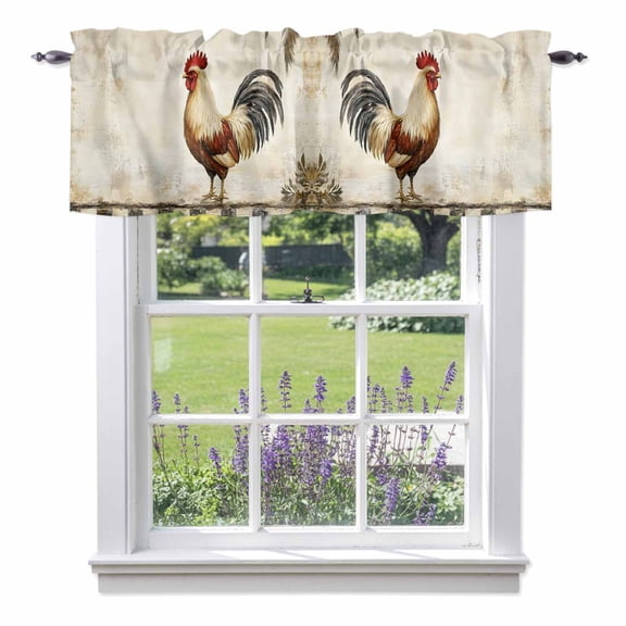 Rooster Chicken Valances for Windows, Black Plaid Watercolor Vintage Texture Farm Valance Window Treatment Rod Pocket Short Curtains Valances for Kitchen Bathroom 54"W x 18"L