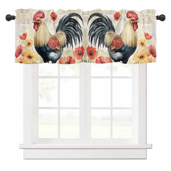 Rooster Chicken Valances for Windows Flowers Watercolor Vintage Farm Rod Pocket Curtain Valance Window Treatment Short Curtains for Kitchen Living Room, 42"x12"