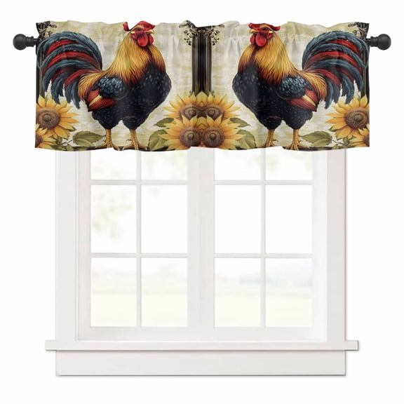 Rooster Chicken Valances for Windows Welcome Sunflower Watercolor Art Vintage Farm Rod Pocket Curtain Valance Window Treatment Short Curtains for Kitchen Living Room, 60"x18"
