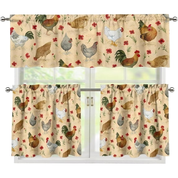 Rooster Chicken Window Kitchen Curtain Tier and Valance,3 Piece Kitchen Window Curtains Set for Living Room