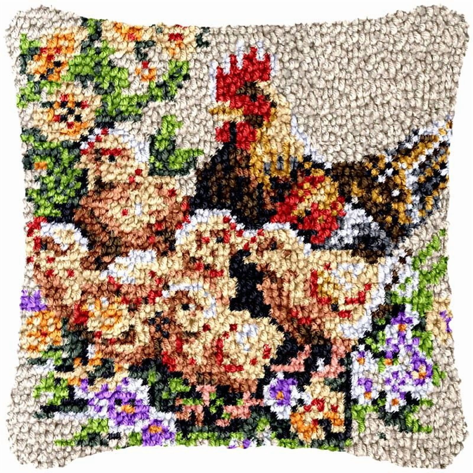 Rooster & Chickens Latch Hook Pillow Cover Kits for DIY Handmade Throw Pillow Cross Stitch Latch Hook Pillowcase Rug Kits with Preprinted Color Pattern Canvas Crochet Yarn Kits 17''X 17''(ys179)