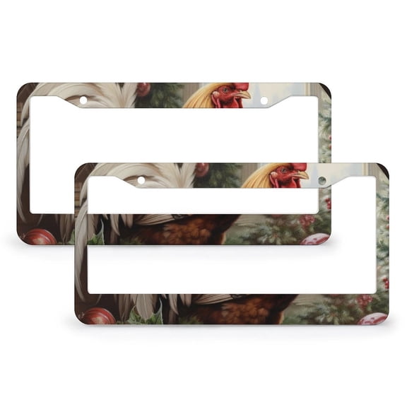 Rooster Christmas License Plate Frame 2 Pack Rustic Cock Car Accessories Car Accessories US Canada Standard 2 Hole Quality Aluminum Metal License Plate Frames
