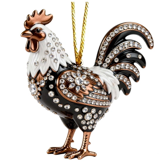 Desaam Rooster Christmas Tree Ornament, 3.14 in, Jewel-Like Details with Gold Hanging Cord