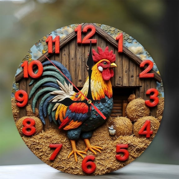 Rooster Clock Wall Decor Farmhouse Hay Barn Rustic Style 10-Inch Silent Wooden Wall Clock, Battery Operated (AA Batteries Not Included), Artistic Home Decor