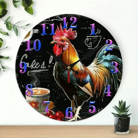 Rooster Coffee Chalkboard MDF Wood 10in Round Wall Clock, Silent Non-Ticking Battery Operated, Great for Living Room, Kitchen, Dorm Decoration and Gift