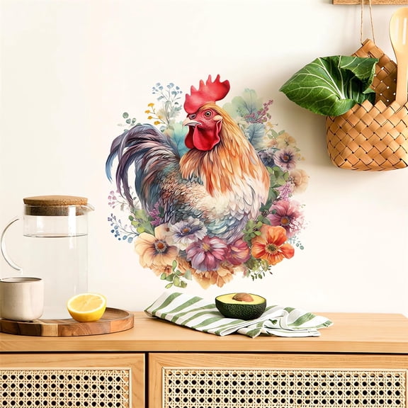 Rooster Colorful Flower Chicken Wall Stickers, Farm Idyllic Watercolor Wall Decals Removable Vinyl Peel and Stick for Farmhouse Kitchen Dining Room Refrigerator Furniture Home Decorations