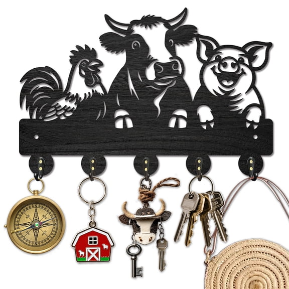 Rooster Cow Pig Wooden Key Holder Farm Animal Key Hanger Wall 11.87.9 Inch Decorative Wall Mount Coat Rack with 5 Alloy Hooks