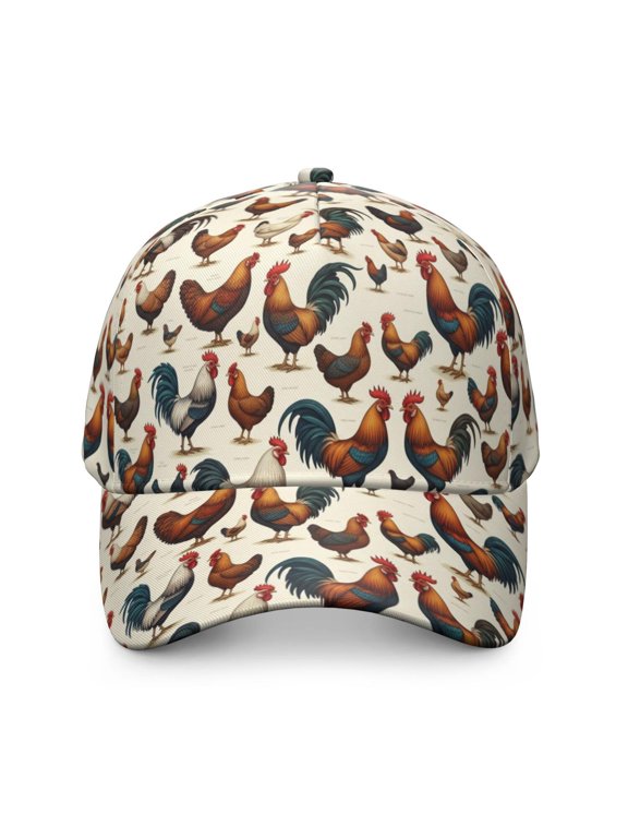 Rooster Cream Pattern Baseball Cap, Outdoor Travel Cap with Snap Closure & Sweatband, Breathable Eyelets Gifts for Birthday Christmas Thanksgiving