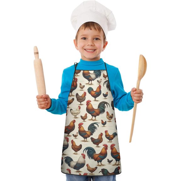 Rooster Cream Pattern Teens Aprons, Adjustable Neck Strap, Toddler & Teens Aprons for Cooking & Baking, 19x23.6 Inches
