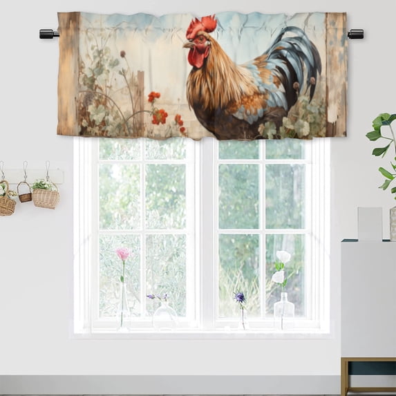 Rooster Curtain Valances for Kitchen Windows Farmhouse Animal Cock Stand on Rustic Wooden Privacy Decorative Rod Pocket Short Window Valance Curtains 54 by 18 in, 1 Panel