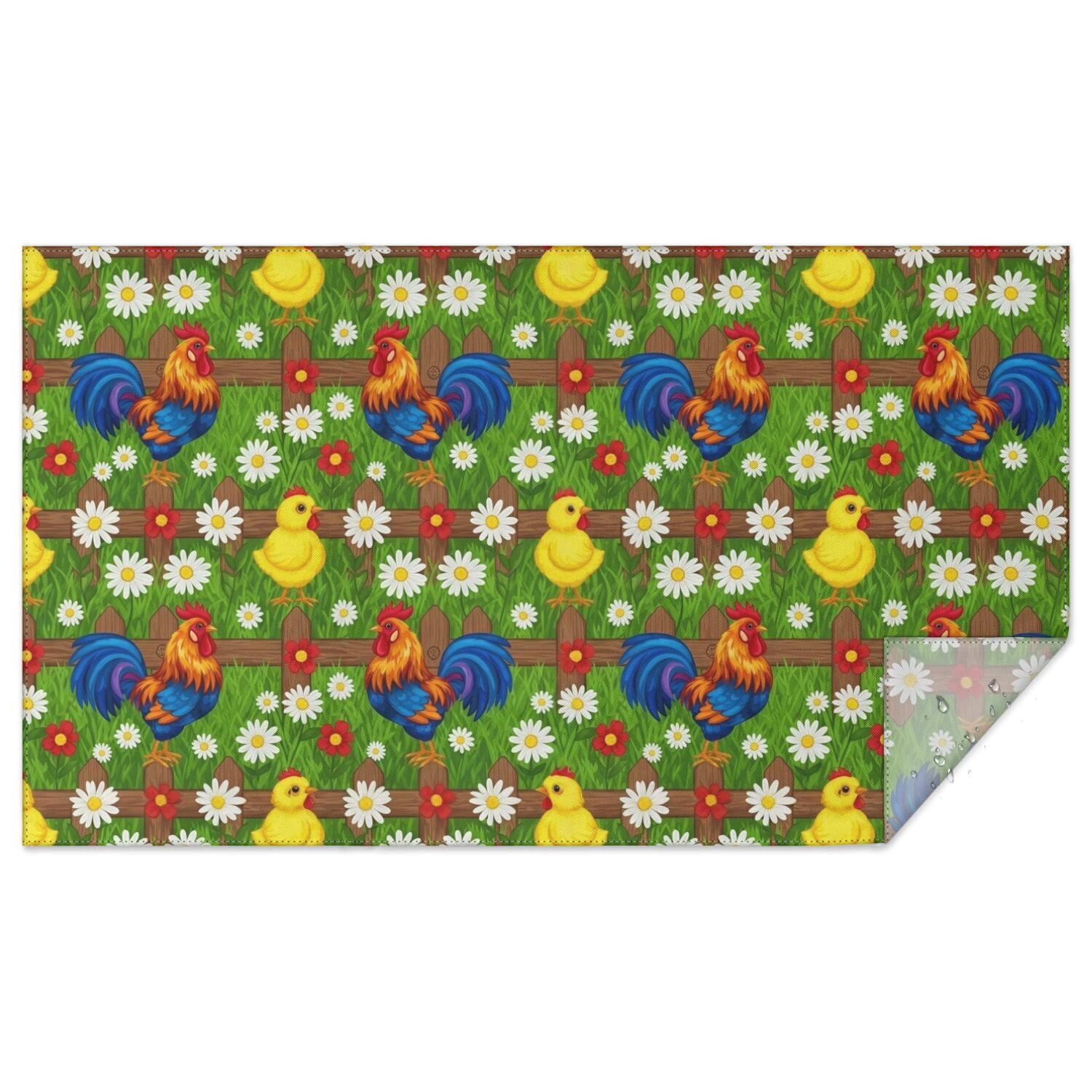 Rooster and Daisy Green Pattern Waterproof Tablecloth, Rectangular ...