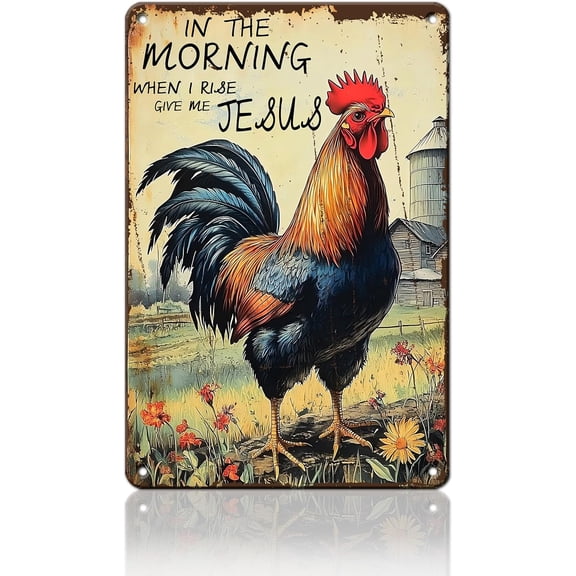 Rooster Decor Chicken Coop Metal Sign Rooster Crowing - In The Morning When I Rise Give Me - Farmhouse Wall Art Decor for Garden Kitchen Yard Farm 8X12inch