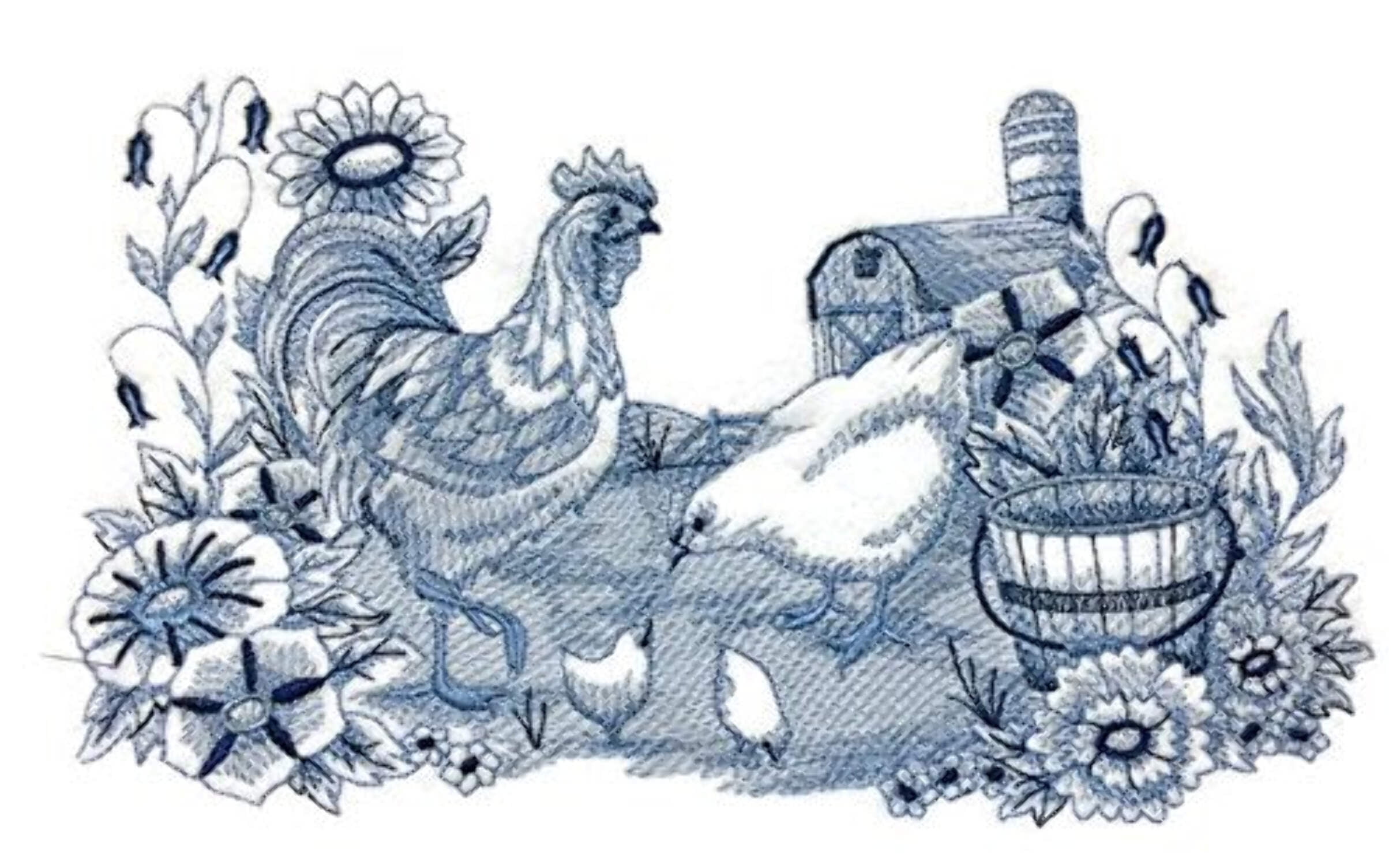 Rooster [Delft Blue Barnyard Scene ] Embroidered Iron on patch [9.36" X 5.87"]