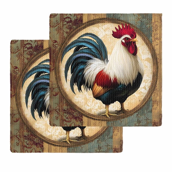 Rooster Dish Towels Set, Waffle Weave Kitchen Towels 2 Pieces, Vintage Rustic Farmhouse Style Oil Painting Microfiber Hair Face Bath Tea Towel Absorbent Quick Drying Cleaning Dish Cloths, 12"x12"