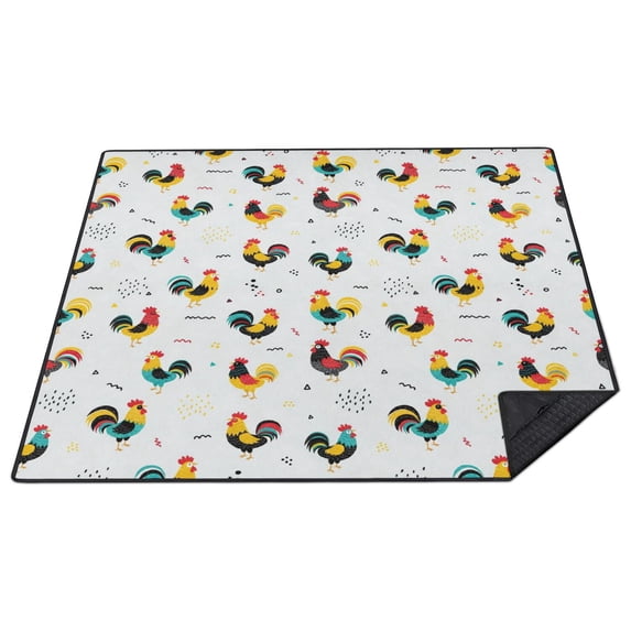 Rooster and Doodle White Pattern Waterproof Picnic Blanket, 3-Layer ...