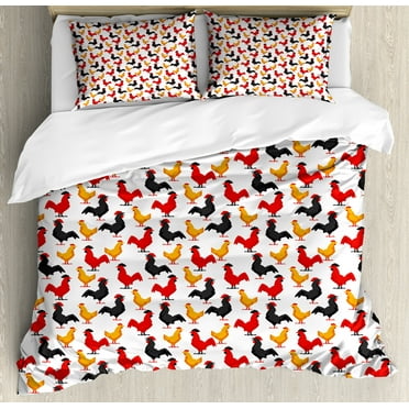Rooster Duvet Cover Set, Continuous Domestic Farm Animal Bird Irregular Repetition, Decorative 3 Piece Bedding Set with 2 Pillow Shams, Queen Size, Charcoal Grey Vermilion, by Ambesonne