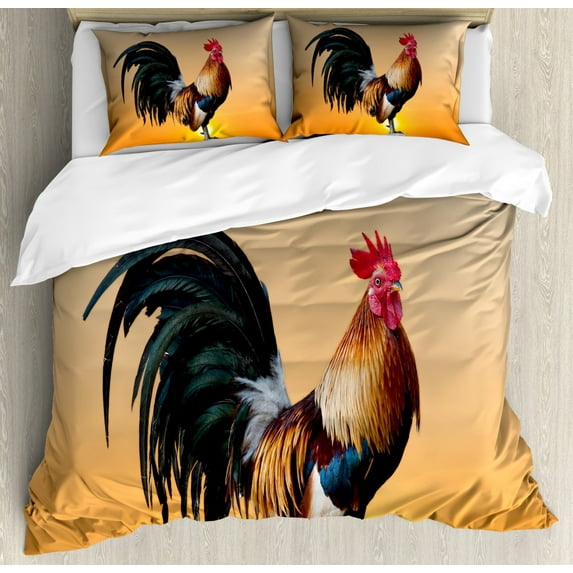Rooster Duvet Cover Set Queen Size, Animal Cockerel on Sunrise Farmhouse Harvest Season Rural Pastoral Nature Scenery, Decorative 3 Piece Bedding Set with 2 Pillow Shams, Multicolor, by Ambesonne