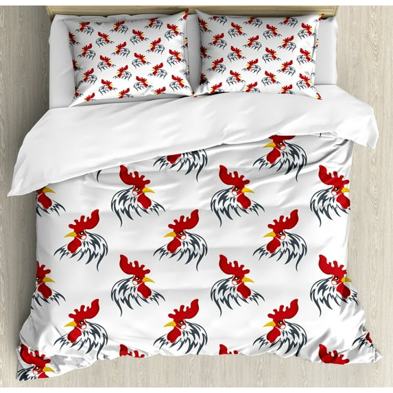 Rooster Duvet Cover Set, Repetitive Symbol Image of Farm Animal Head on Plain Backdrop Art Print, Decorative 3 Piece Bedding Set with 2 Pillow Shams, King Size, White and Vermilion, by Ambesonne