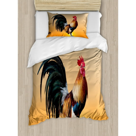 Rooster Duvet Cover Set Twin Size, Animal Cockerel on Sunrise Farmhouse Harvest Season Rural Pastoral Nature Scenery, Decorative 2 Piece Bedding Set with 1 Pillow Sham, Multicolor, by Ambesonne