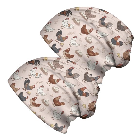Rooster and Egg Pink Pattern 2 Pack Slouchy Beanie Hat, Warm Winter Skull Cap with Stretchy Fabric & Soft Texture, Lightweight Flexible Gifts for Birthday Christmas Thanksgiving