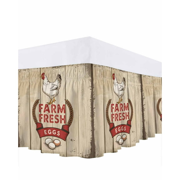 Rooster Eggs Bed Skirt Farmhouse Countryside Retro Wood Grain Bed Skirts Queen Size 18 Inch Drop, Wrap Around Dust Ruffle Bedskirt with Adjustable Elastic Belt for Queen Size Beds