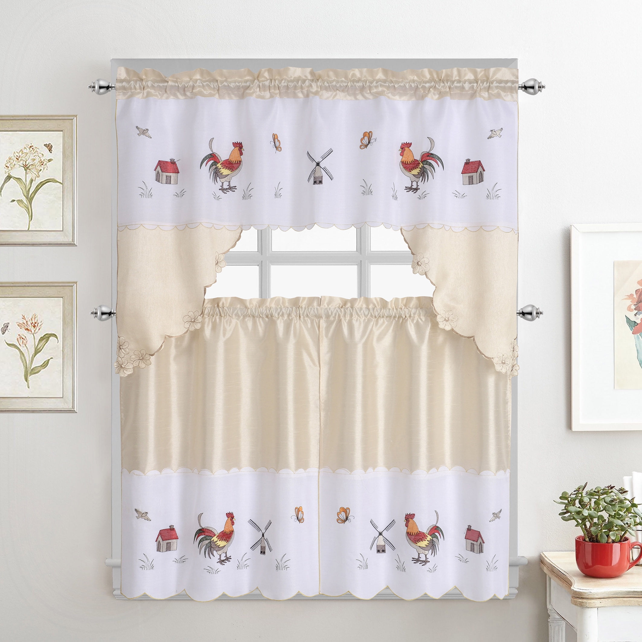 Rooster Embroidered 3-Piece Kitchen Curtain Tiers & Swag Set, Beige ...