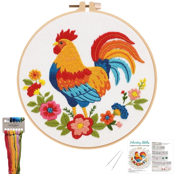 Rooster Embroidery Kit for Adults Beginners, Stamped Farmhouse Embroidery Starter Kit with 7.9 Inch Hoop, Threads, Needles & Instructions, DIY Needlework Craft Gift