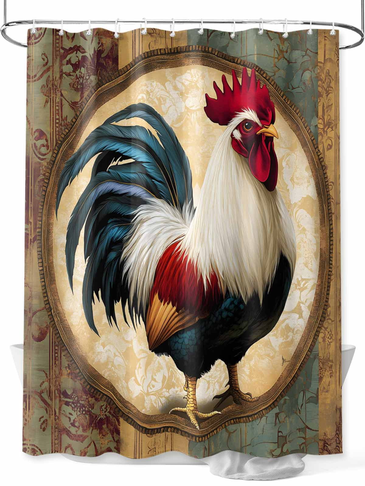 Rooster Extra Long Shower Curtain Set, Waterproof Shower Curtains for Bathroom, Vintage Rustic Farmhouse Style Oil Painting Washable Fabric Cloth Bath Curtain for Bathtub with Hooks 72x96 Inches