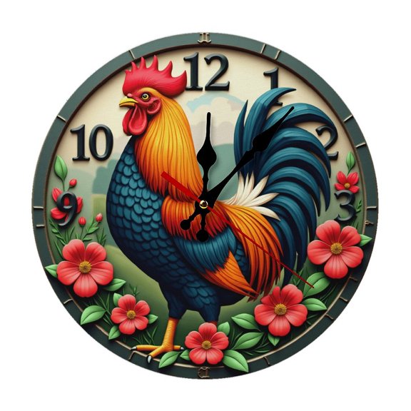 Rooster Farm Animal Bird Wall Clock 10 Inch Silent Non Ticking Round Wooden Clock Decoration for Living Room Kitchen Bedroom Bathroom Office Classroom