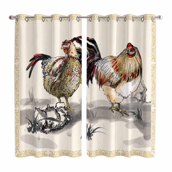 Rooster Farm Animal Country Kitchen Curtains 84 Inch Length, Chinese Style Plant Grommet Top Bedroom Living Room Curtains, Light Filtering Cafe Curtain Drapes 2 Panels Set 104''x84''