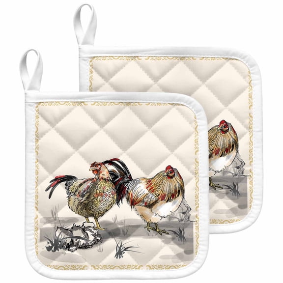 Rooster Farm Animal Country Pot Holders for Kitchen Heatproof Potholder, 2 Pack Chinese Style Plant Hot Pads Multipurpose Oven Pads Cloth Potholders Trivet for Cooking and Baking