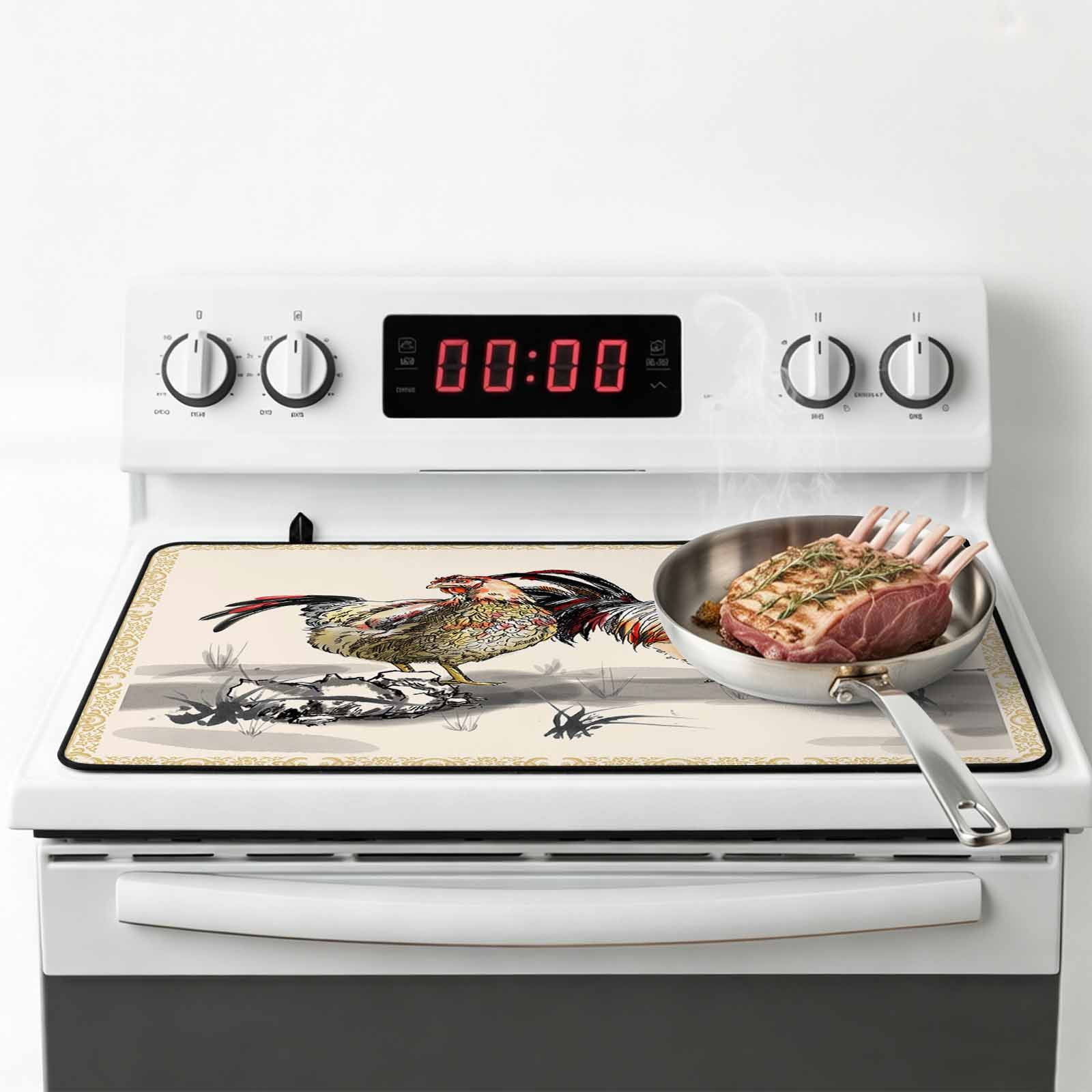 Rooster Farm Animal Country Stove Top Cover for Electric Stove, Heat-proof & Non Slip Glass Top Stove Cover Protector, Chinese Style Plant Kitchen Flat Cooktop Rubber Mat 24x21 Inches